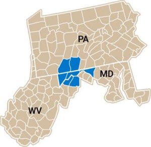 Tri-state map of MD PA and WV